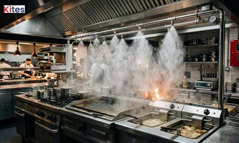 Wet chemical fire protection system discharging in a commercial kitchen