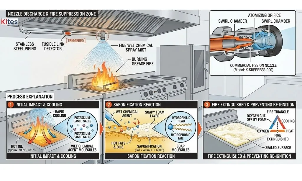 Wet chemical fire suppression saponification process — nozzle discharge, initial cooling, saponification reaction and fire extinguished