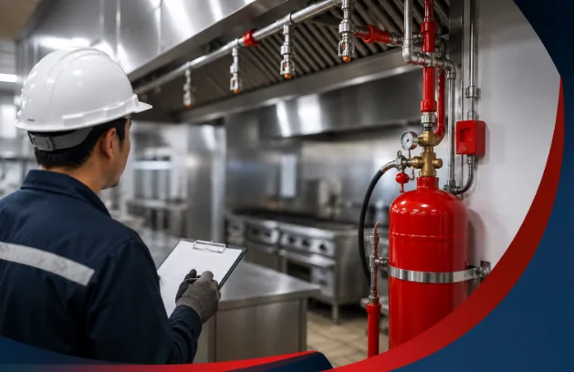 Kitessafety fire suppression contractor inspecting a commercial kitchen hood and cylinder in Saudi Arabia
