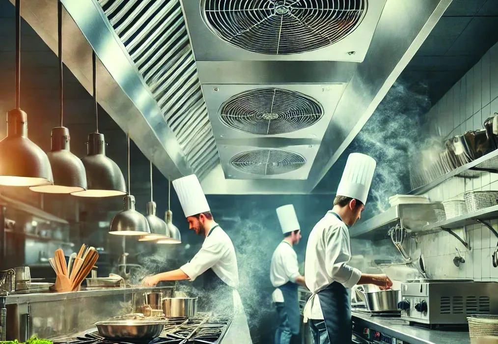 Chefs working under a commercial kitchen exhaust hood protected by a fire suppression system