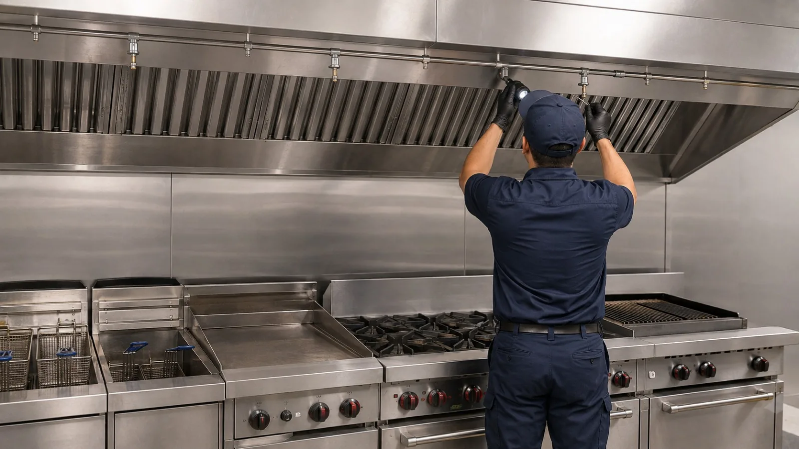 Technician inspecting kitchen exhaust hood nozzles and detection line above a commercial cooking line