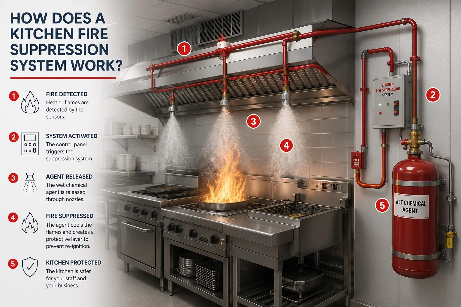 How does a kitchen fire suppression system work — five-step infographic showing fire detection, system activation, agent release, fire suppression and kitchen protection