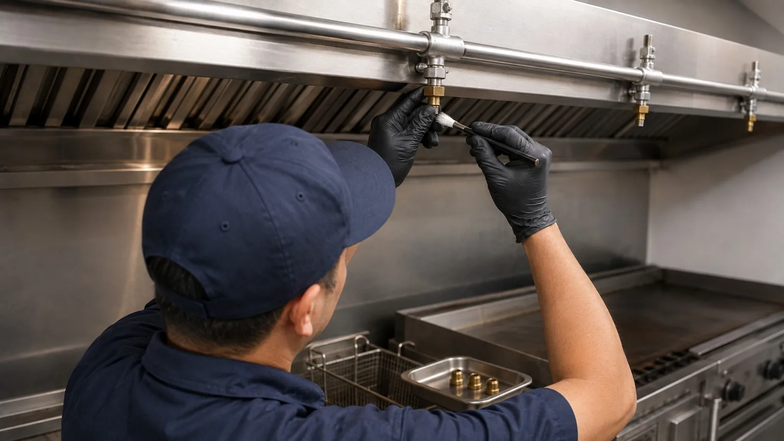 Technician cleaning a discharge nozzle on a kitchen fire suppression system above a commercial fryer