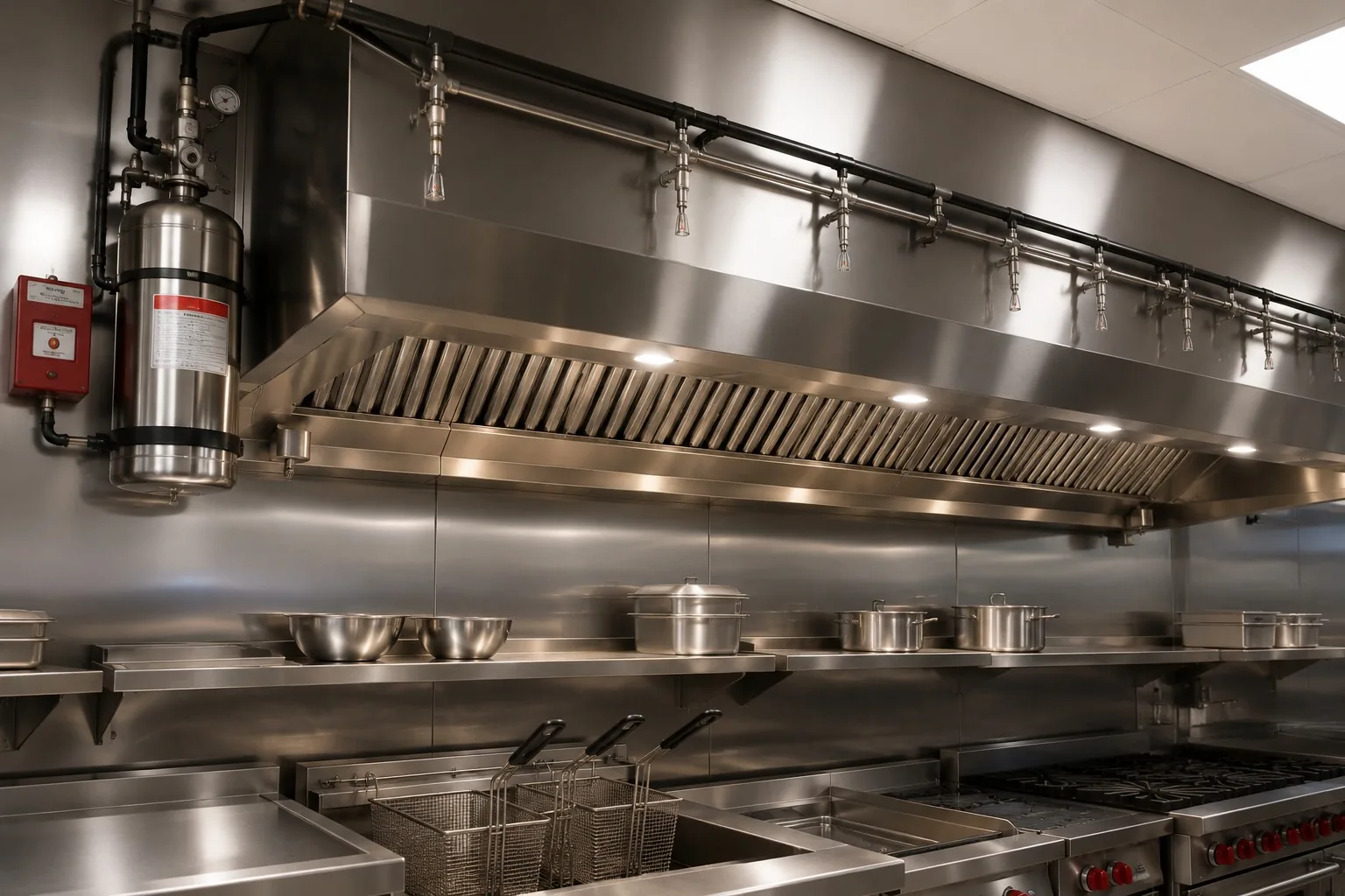 Commercial kitchen hood with fire suppression nozzles, piping and cylinder installed above a cooking line