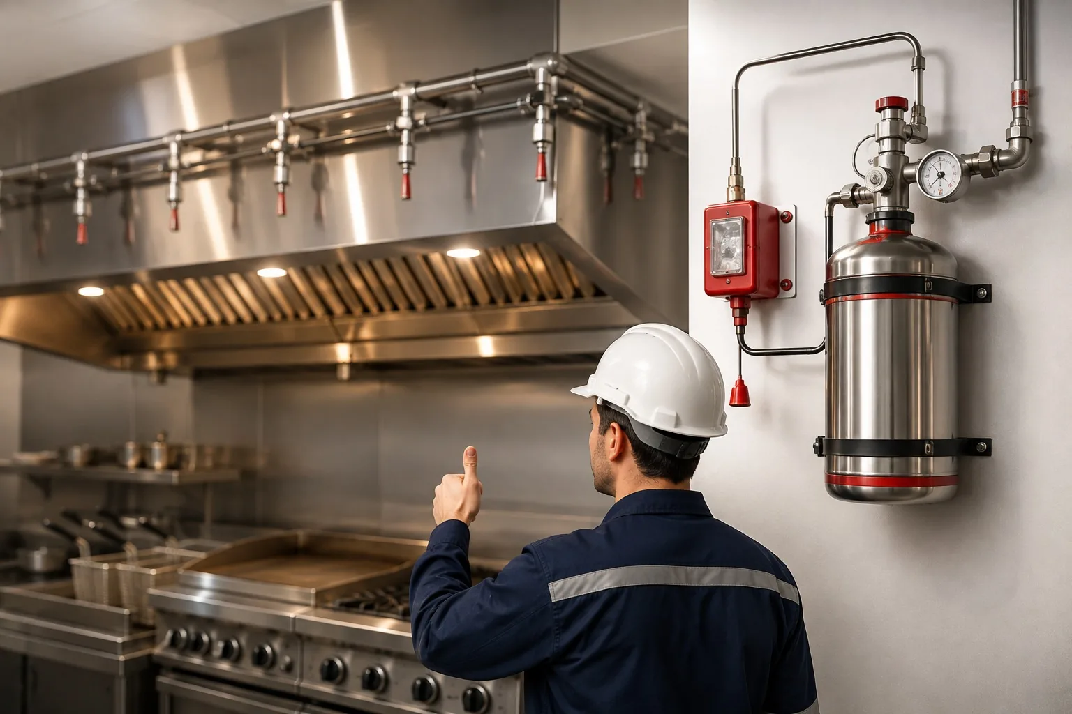 Kitessafety technician inspecting a fire suppression cylinder and control panel beside a commercial kitchen hood