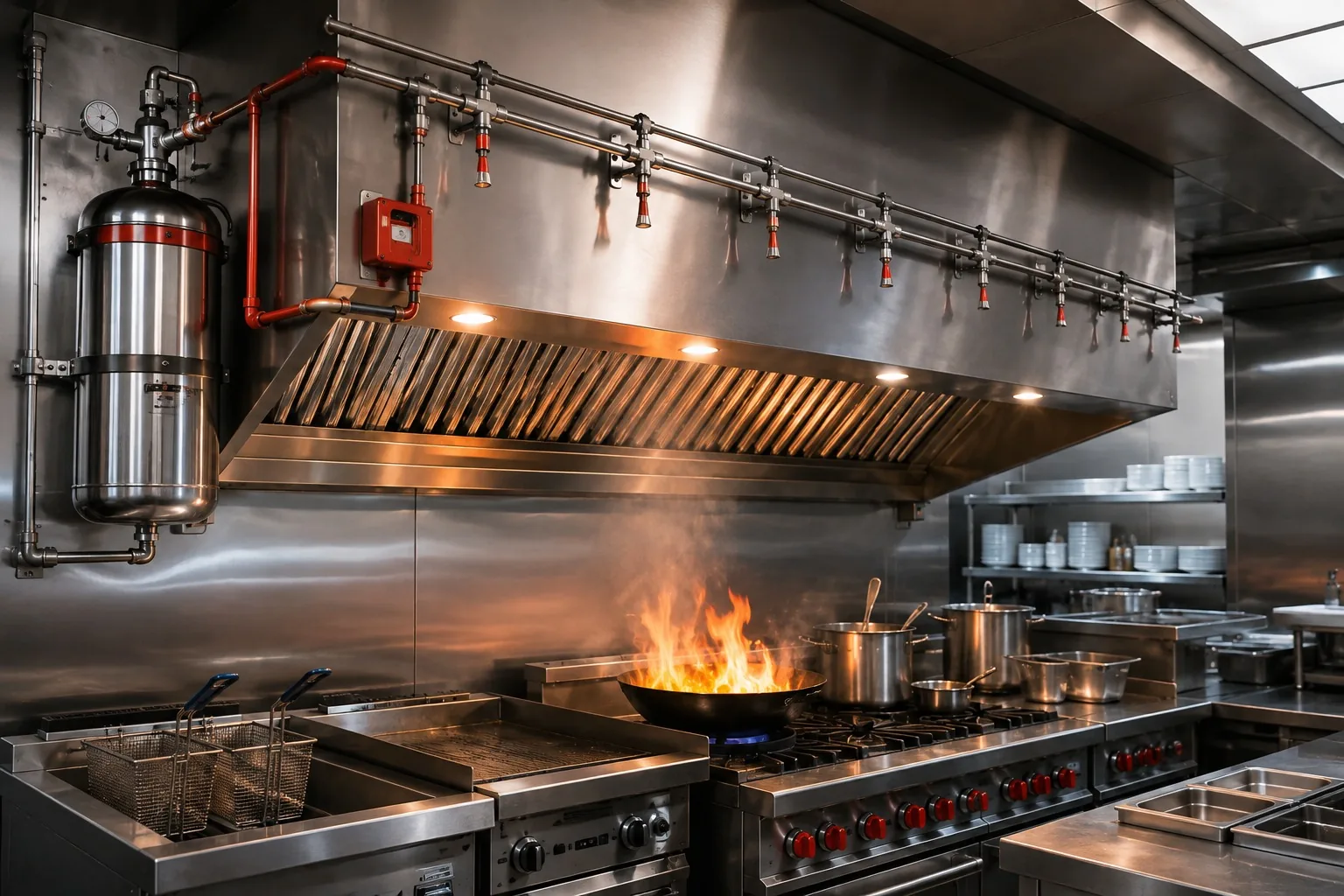 Kitchen fire suppression system installed above a commercial cooking line with nozzles, piping and cylinder visible