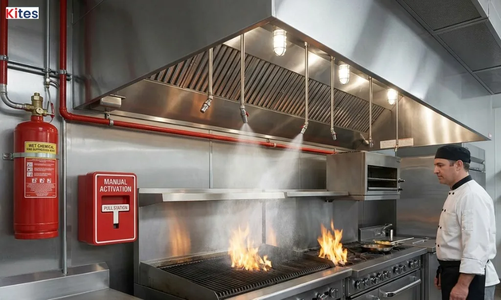 Kitchen fire suppression system with manual activation pull station, wet chemical cylinder and discharge nozzles above a restaurant cooking line