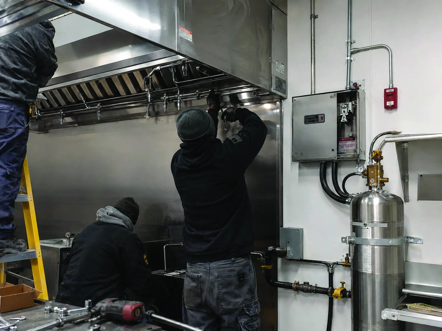 Kites engineer surveying a commercial kitchen exhaust hood for fire suppression design