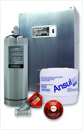 Wet chemical fire suppression cylinder, detection components and pull station ready for inspection