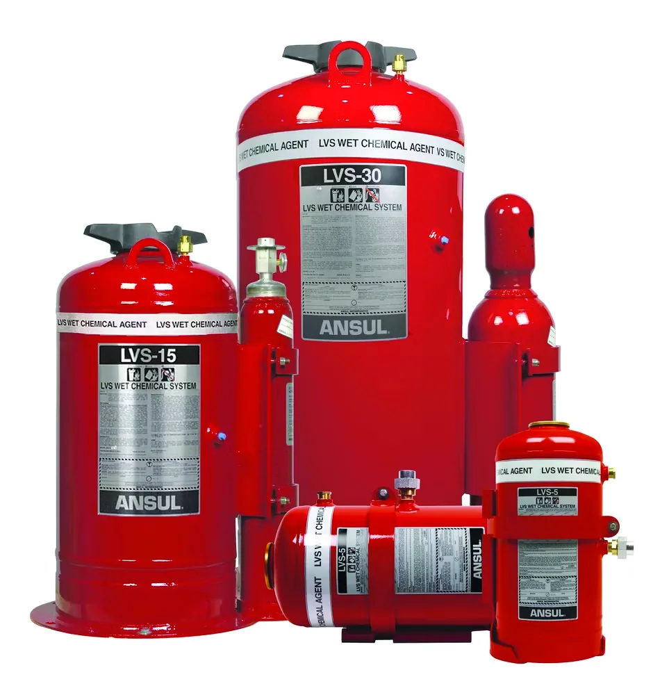 Range of wet chemical fire suppression cylinders prepared for refilling and recharge